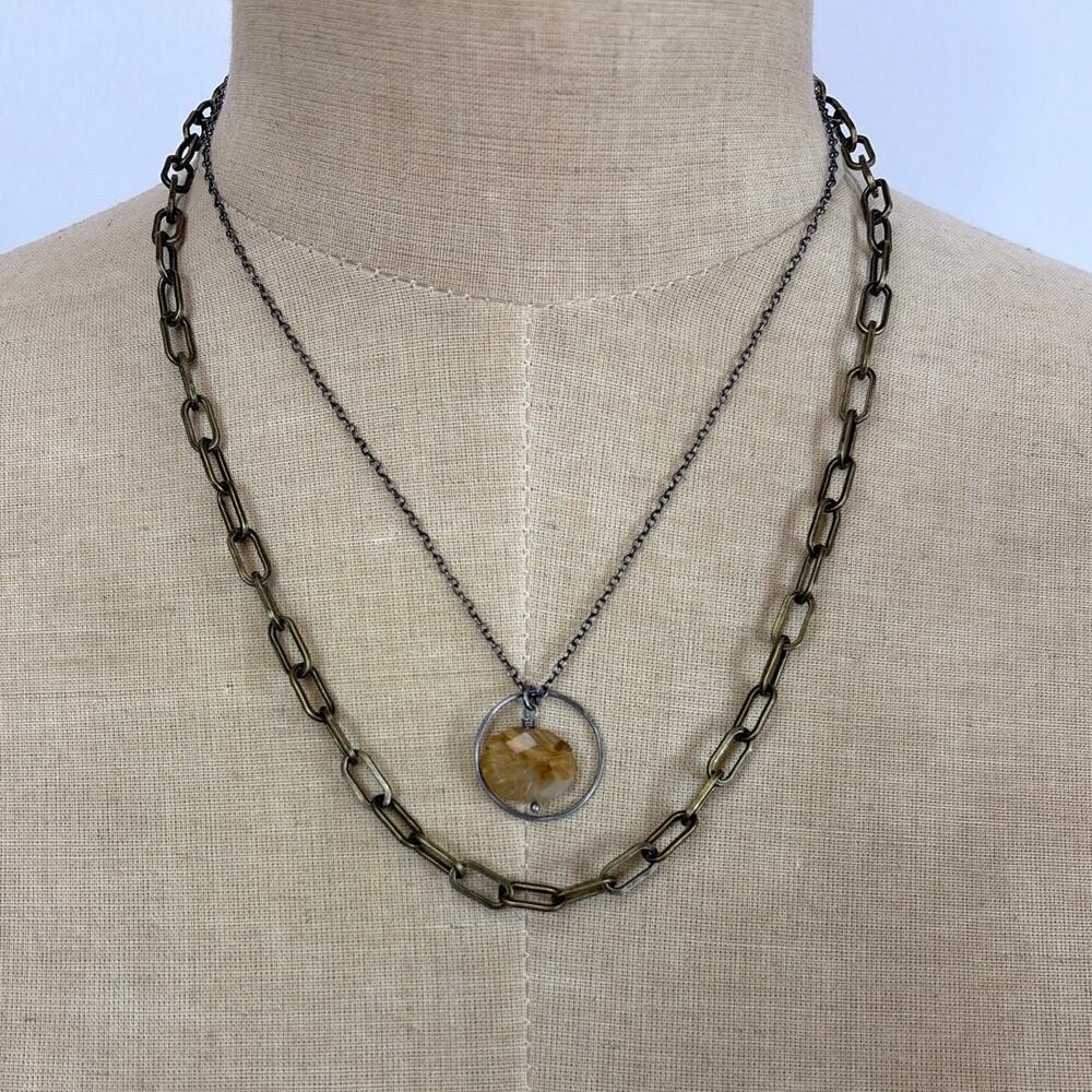 LOT of 2 NEW Artisanal Gunmetal Chain & Stone Hoop Pendant 2 Piece Necklace Set